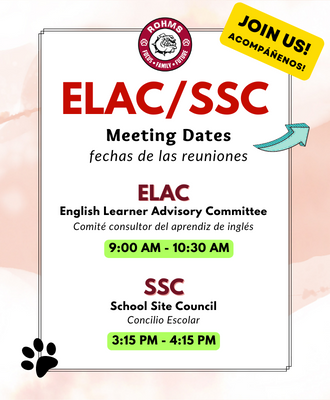 ELAC and SSC meeting dates, links, and agenda.